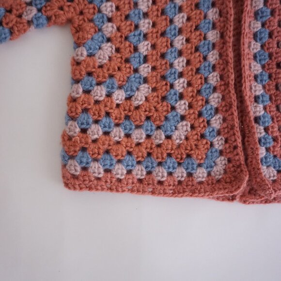 Handmade Crochet Granny Square Cardigan Dusty Rose & Blue Balletcore Sweater S - Picture 9 of 11